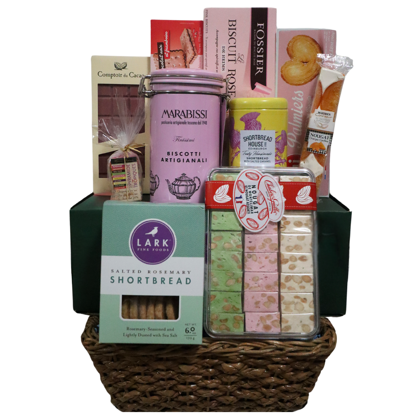 Gift basket with cookies, chocolate, and nougat