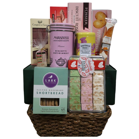 Gift basket with cookies, chocolate, and nougat